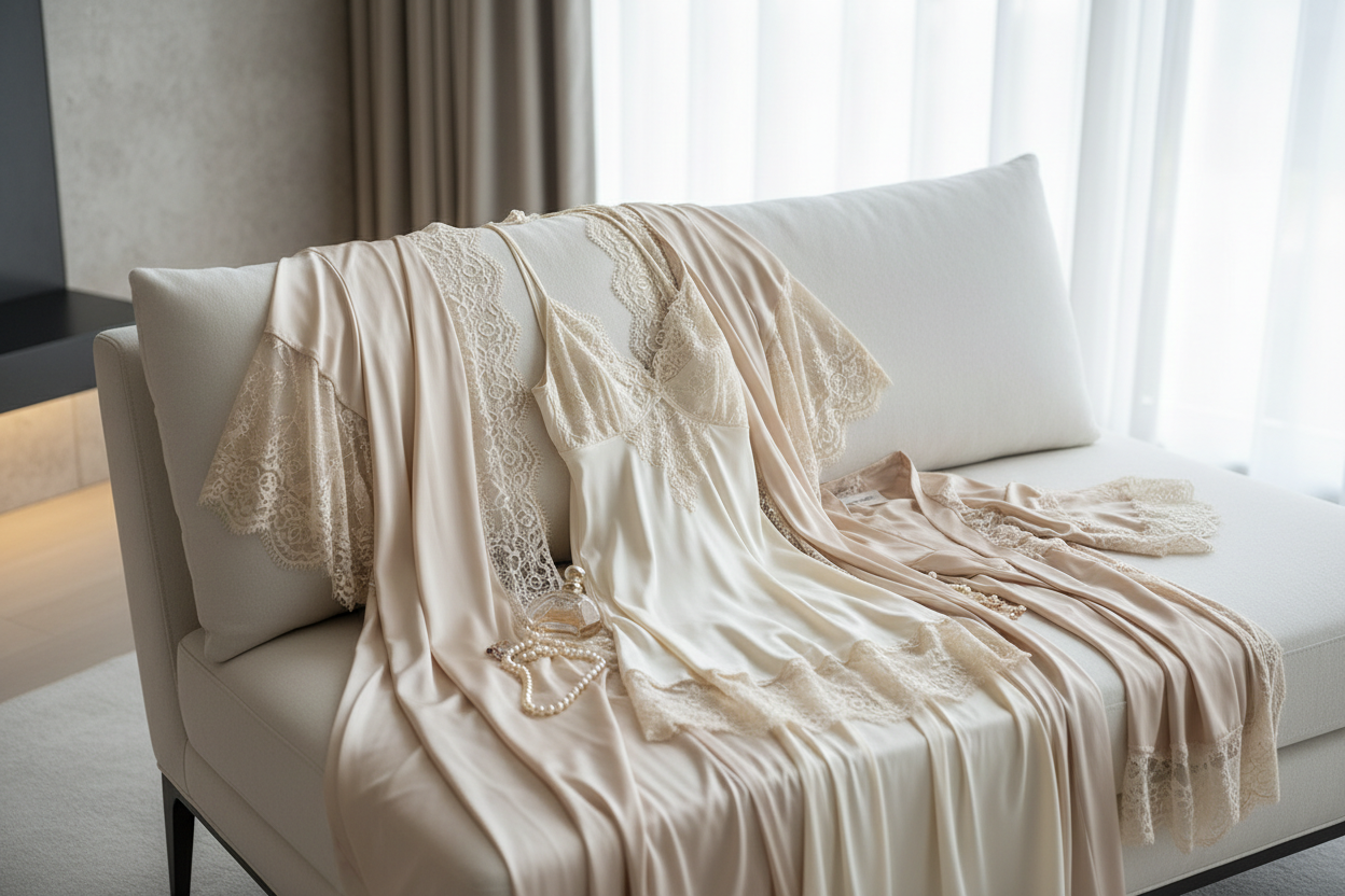 maak een afbelding voor de banner van een excusive website deze afbelding moet met zachte neutralle kleuren en de stijl moet modern luxe de artikel die op de foto moet komen zijn: Babydoll & Kimonos