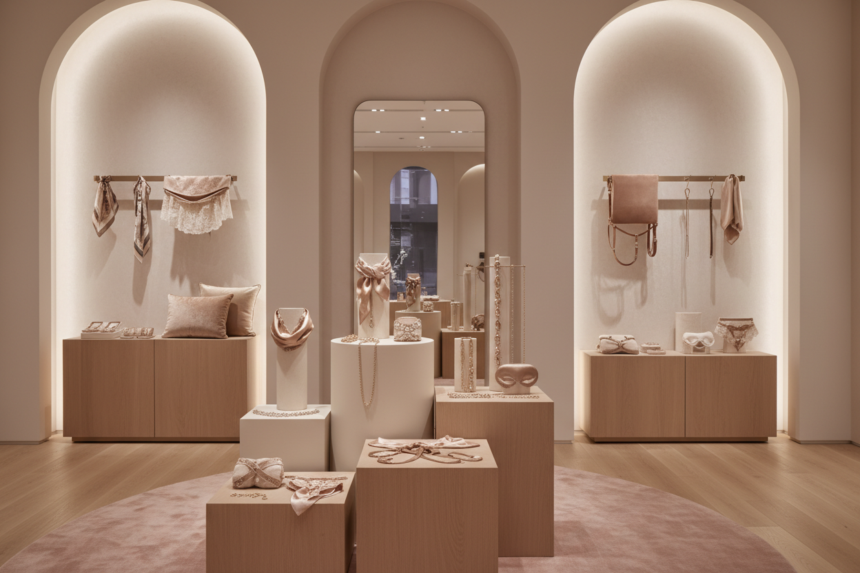 maak een afbelding voor de categorie sensuele accesuares. met zachte noud kleuren. deze moet in een moderne luxius seting komen