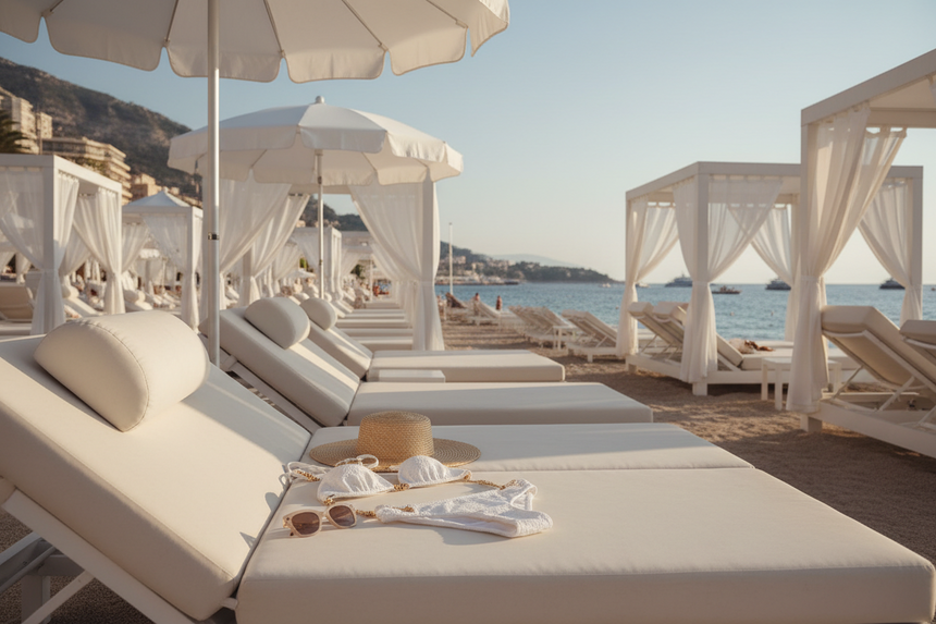 Luxe strandsetting met witte bikini, zonnehoed en ligbedden aan zee, geschikt voor zomerse lingeriecollectie