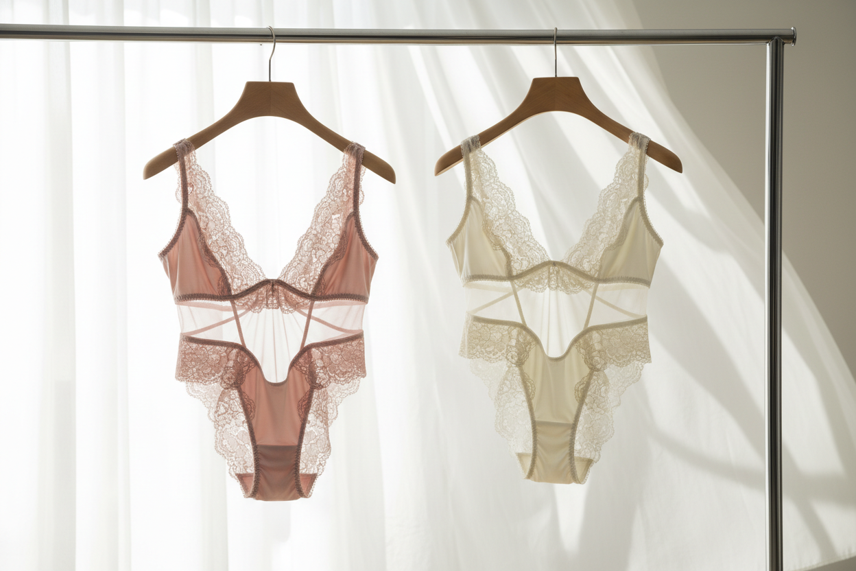 maak een foto voor een collecrie banner er moet een lixe lingerie set zijn in een lichte kleur. hangend op een luxe rek en een luxe hanger. als achtergrond een gordijn in het lichte kleur deze foto moet licht zijn 