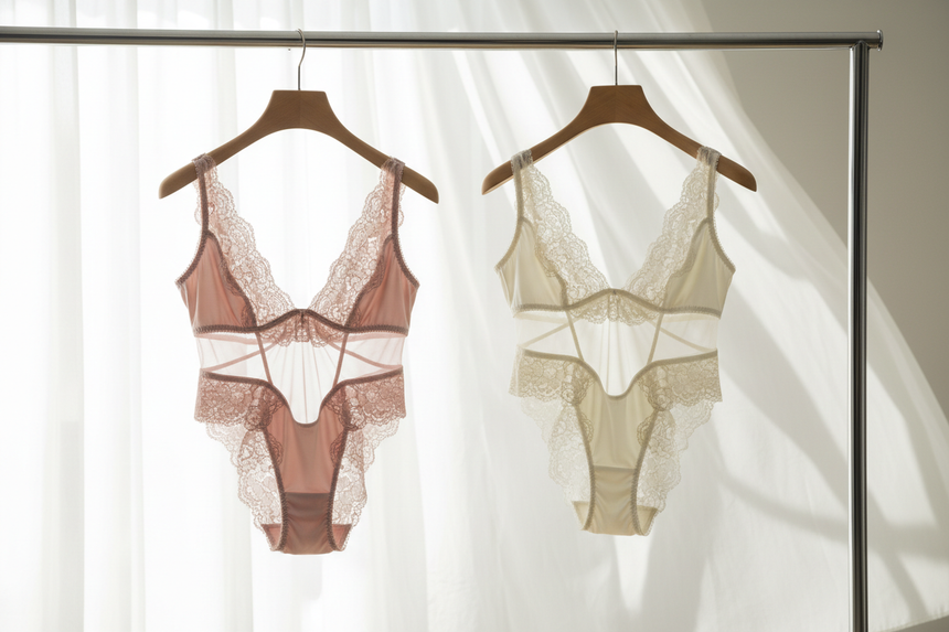 maak een foto voor een collecrie banner er moet een lixe lingerie set zijn in een lichte kleur. hangend op een luxe rek en een luxe hanger. als achtergrond een gordijn in het lichte kleur deze foto moet licht zijn 