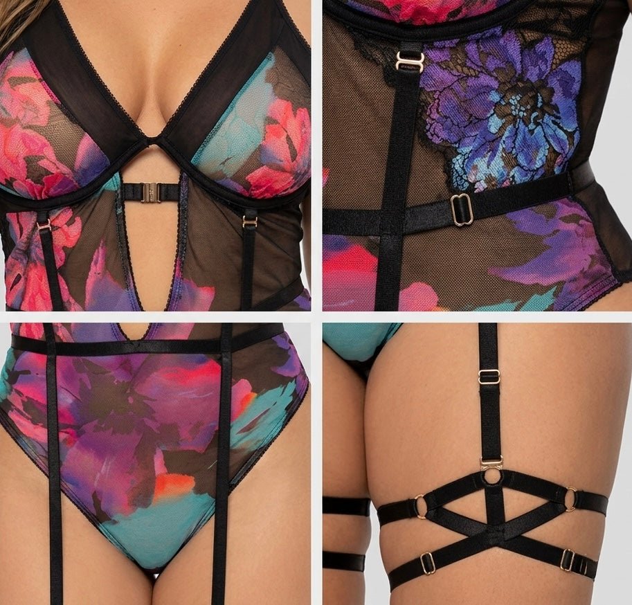 Details van Mapalé floral garter teddy zwart met mesh, bloemenprint, bandjes en jarretelafwerking