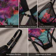 Detailcollage van de Mapalé floral garter teddy in zwart, met bloemenprint, mesh, gouden details en jarretelbandjes