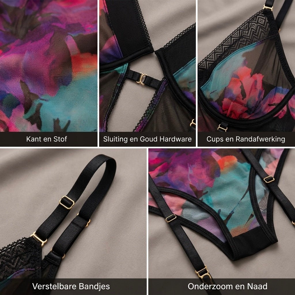 Detailcollage van de Mapalé floral garter teddy in zwart, met bloemenprint, mesh, gouden details en jarretelbandjes
