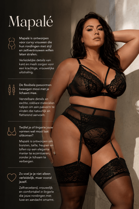 Mapalé grote maten lingerie in zwart kant met jarretels en kousen, gedragen door curvy model naast pasvormtekst