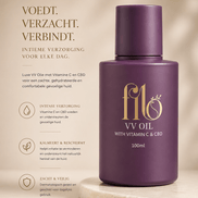 My Own Filo VV Oil met vitamine C en CBD 100 ml in paarse flacon met tekst Voedt, verzacht, verbindt