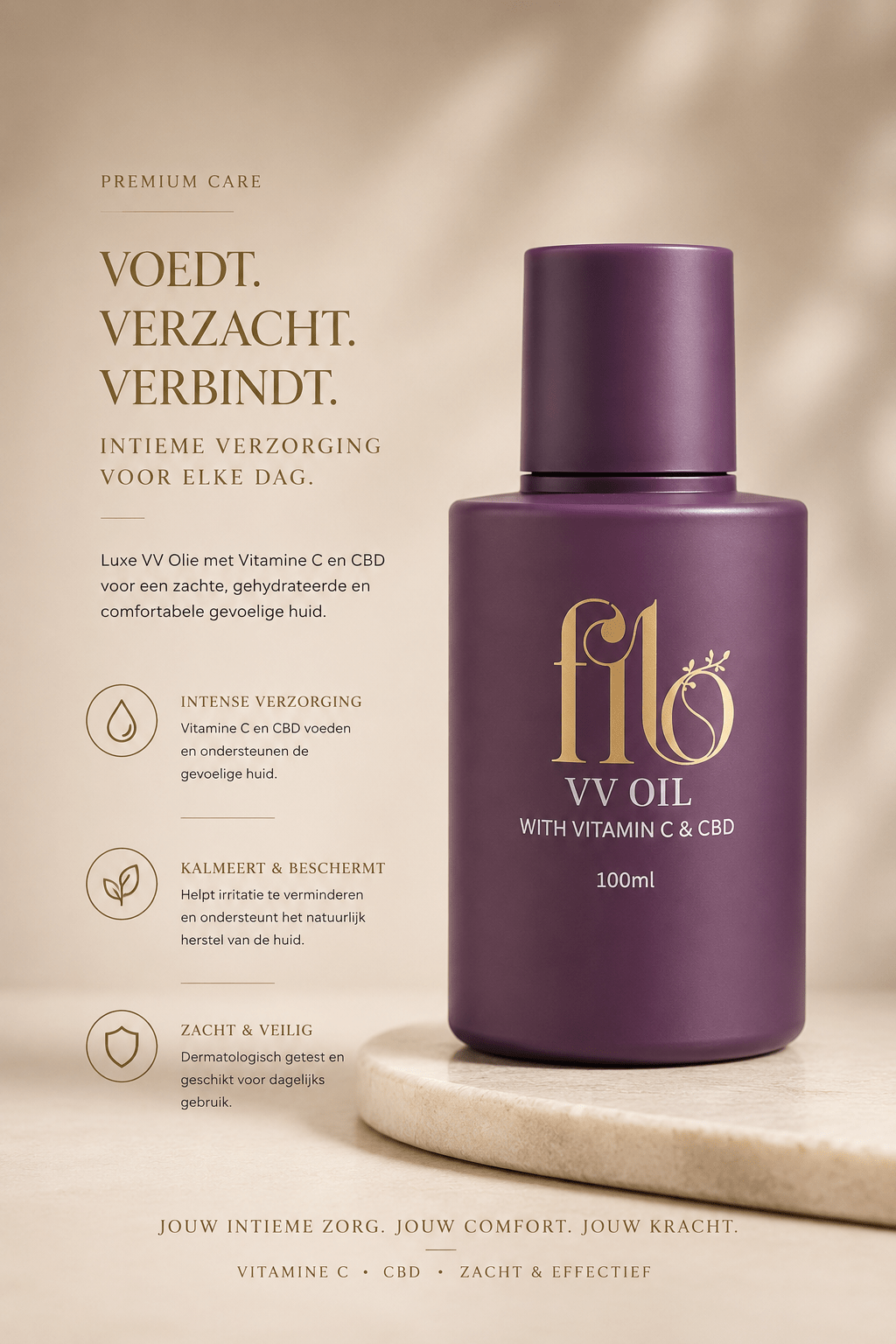 My Own Filo VV Oil met vitamine C en CBD 100 ml in paarse flacon met tekst Voedt, verzacht, verbindt