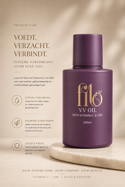 My Own Filo VV Oil met vitamine C en CBD 100 ml in paarse flacon met tekst Voedt, verzacht, verbindt