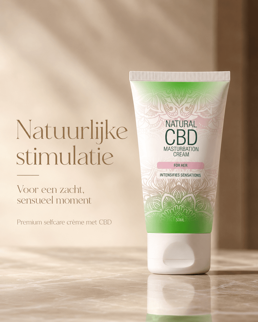 Natural CBD Masturbation Cream For Her 50 ml in witgroene tube met mandalaprint en tekst Natuurlijke stimulatie