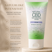 Natural CBD masturbatiecrème For Him groene tube op beige podium met tekst Natuurlijke intensiteit links