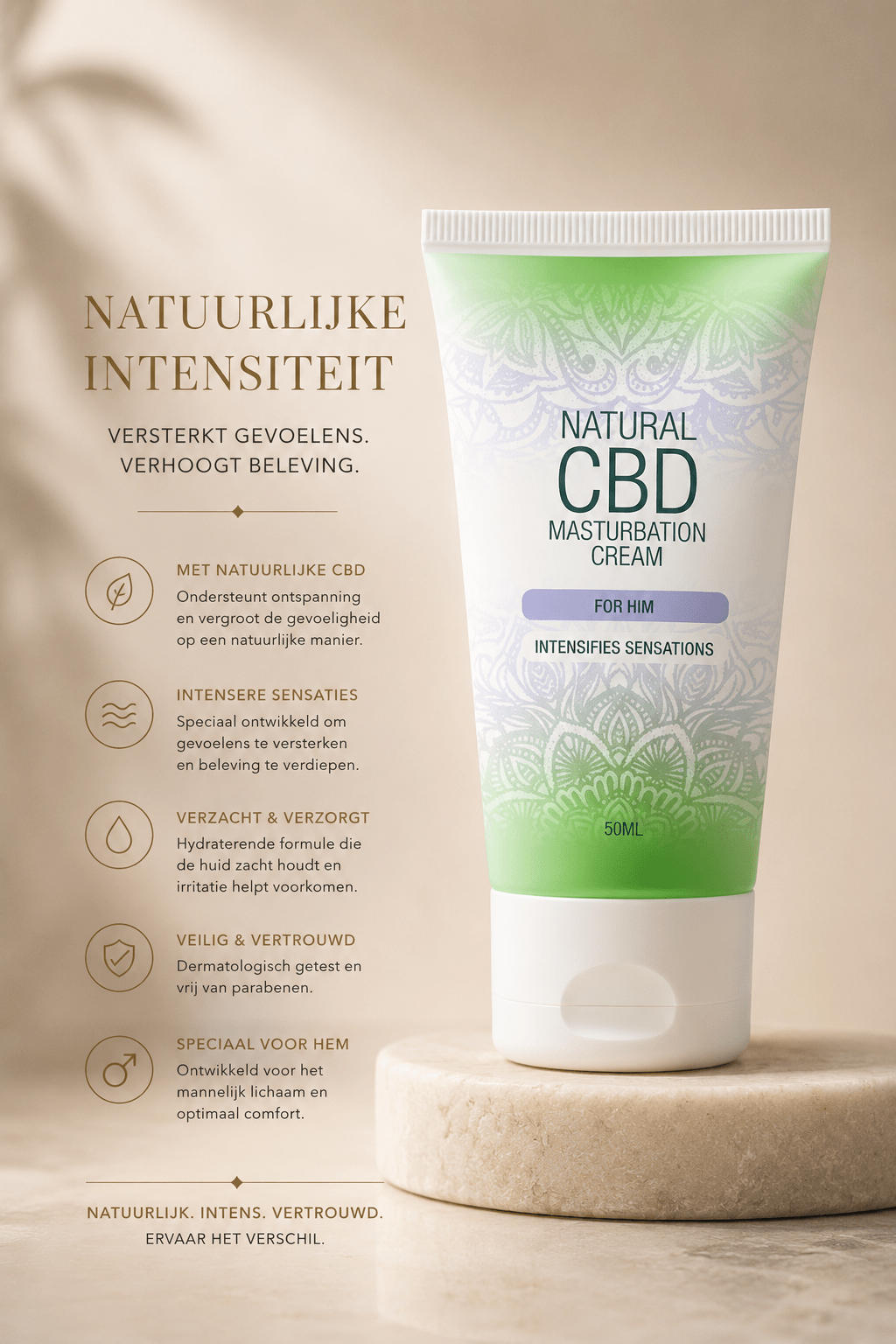 Natural CBD masturbatiecrème For Him groene tube op beige podium met tekst Natuurlijke intensiteit links
