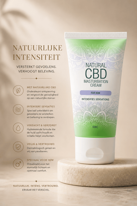 Natural CBD masturbatiecrème For Him groene tube op beige podium met tekst Natuurlijke intensiteit links