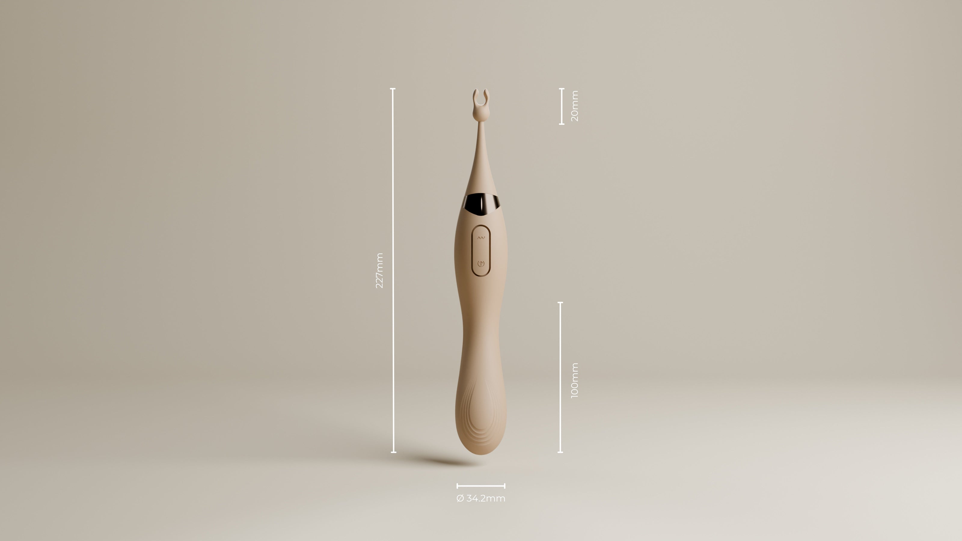 Odes Duo G-spot en clitoris vibrator in taupe met maatlijnen voor lengte, diameter en kleine stimulator