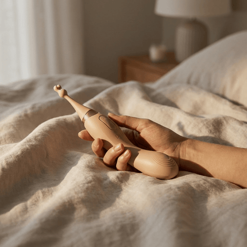 Taupe Odes Duo vibrator in een hand op crèmekleurig beddengoed, met warme lichtval en zichtbare zonnestralen