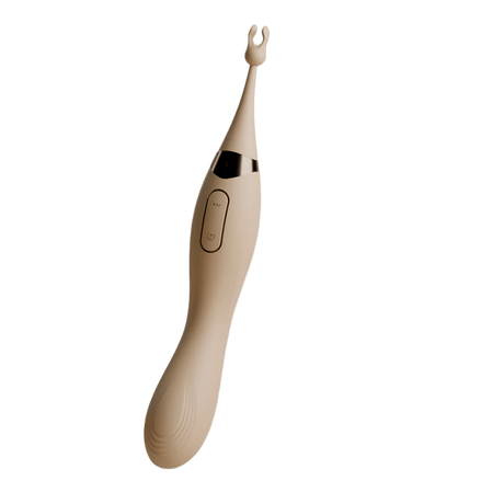 Taupekleurige Odes Duo G-spot clitorisvibrator voorzijde met slanke handgreep, zwart accent en gevorkte top.