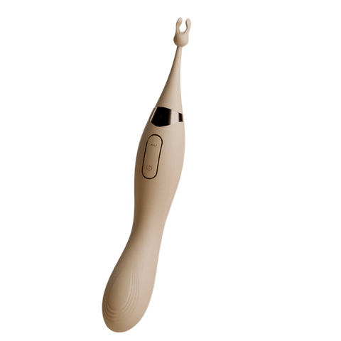 Taupekleurige Odes Duo G-spot clitorisvibrator voorzijde met slanke handgreep, zwart accent en gevorkte top.