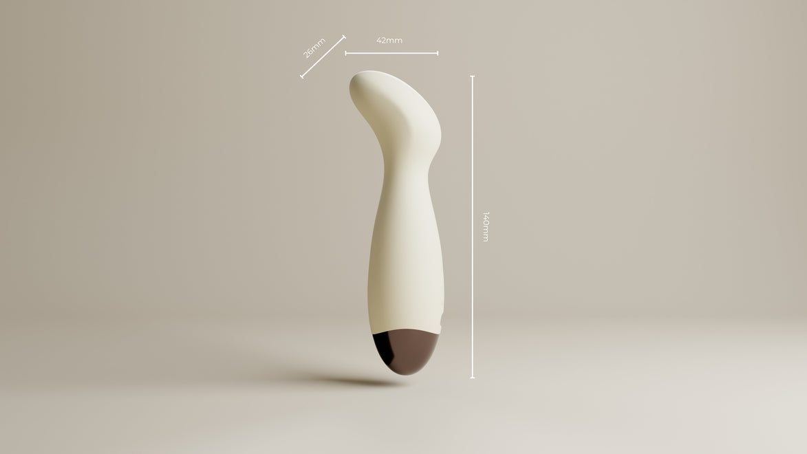 Odes Ease Mini Wand Vibrator met maatlijnen, beige body, gebogen kop en donkerbruin afgerond uiteinde