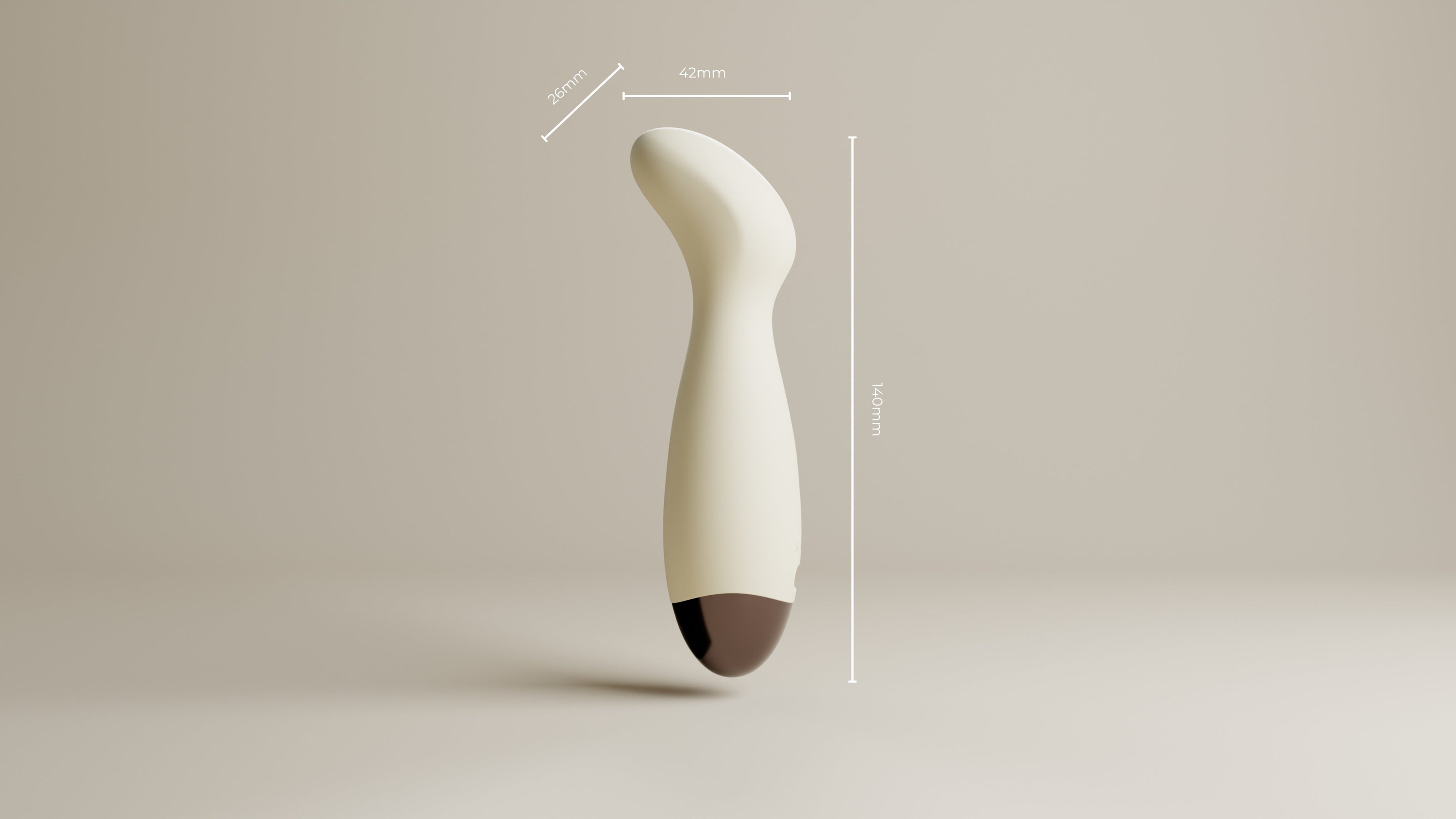 Odes Ease Mini Wand Vibrator met maatlijnen, beige body, gebogen kop en donkerbruin afgerond uiteinde