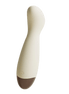 Beige Odes Ease mini wand vibrator in schuin vooraanzicht met afgeronde kop, slanke handgreep en bruine basis.
