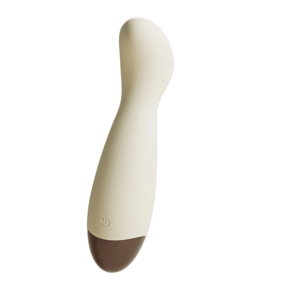 Beige Odes Ease mini wand vibrator in schuin vooraanzicht met afgeronde kop, slanke handgreep en bruine basis.