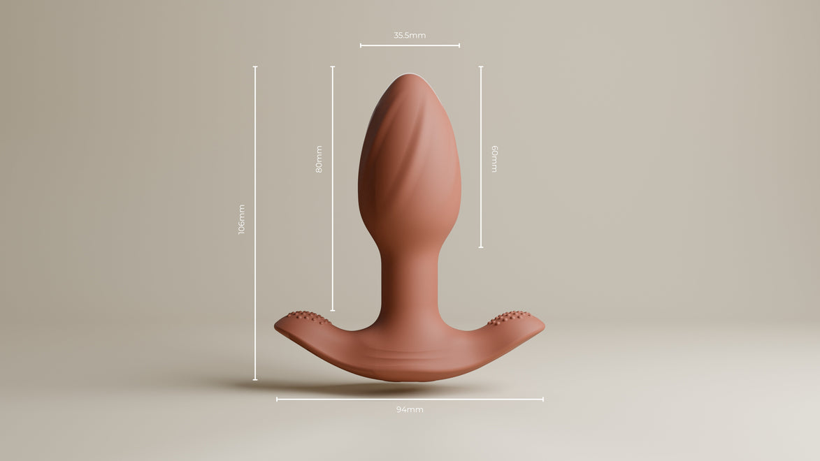 Odes Euphora buttplug met maatlijnen, 106 mm hoogte, 94 mm basisbreedte en terracotta siliconen body