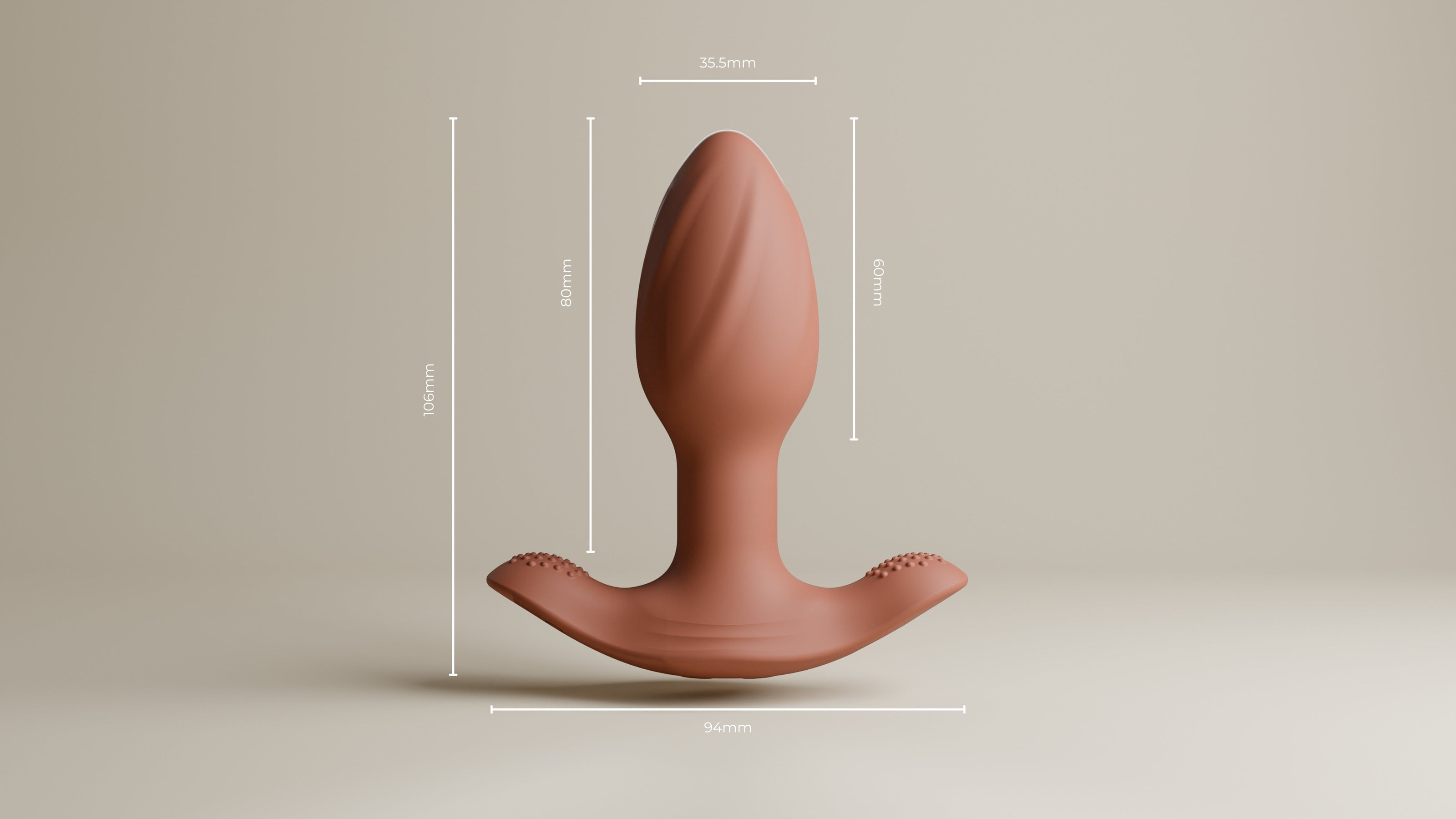 Odes Euphora buttplug met maatlijnen, 106 mm hoogte, 94 mm basisbreedte en terracotta siliconen body