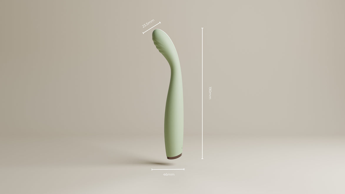 Saliegroene Odes Hush G-spot vibrator met maatlijnen, gebogen vorm, geribbelde top en donkere basis