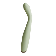 Saliegroene Odes Hush G-spot vibrator in zijaanzicht met slanke gebogen body, geribbelde top en bruine basis.