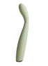 Saliegroene Odes Hush G-spot vibrator in zijaanzicht met slanke gebogen body, geribbelde top en bruine basis.
