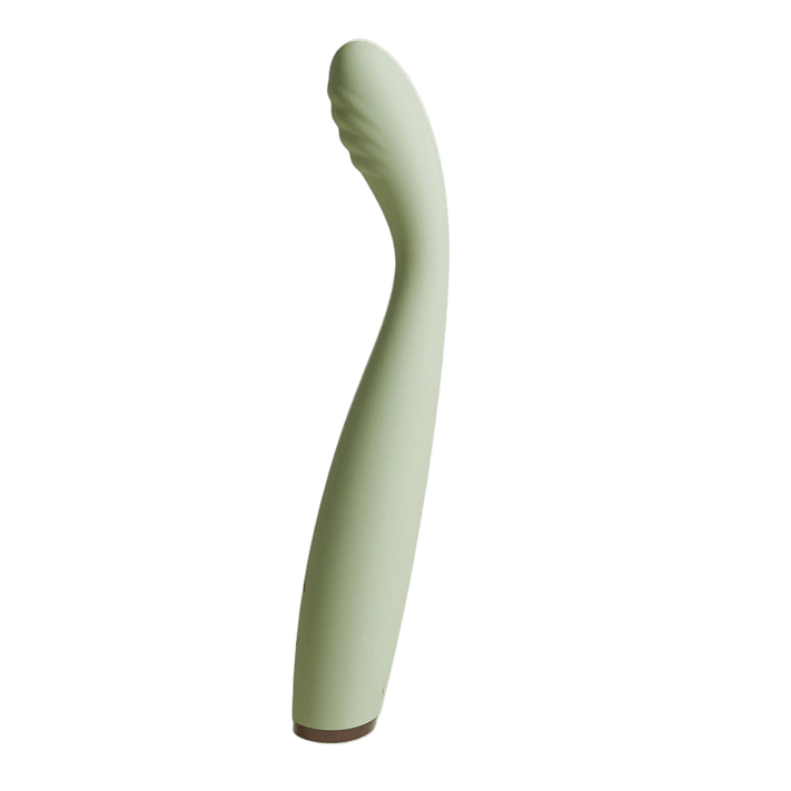 Saliegroene Odes Hush G-spot vibrator in zijaanzicht met slanke gebogen body, geribbelde top en bruine basis.