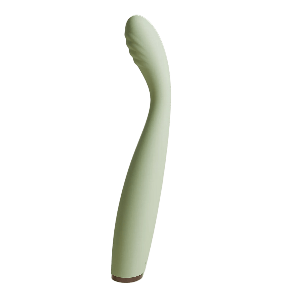 Saliegroene Odes Hush G-spot vibrator in zijaanzicht met slanke gebogen body, geribbelde top en bruine basis.