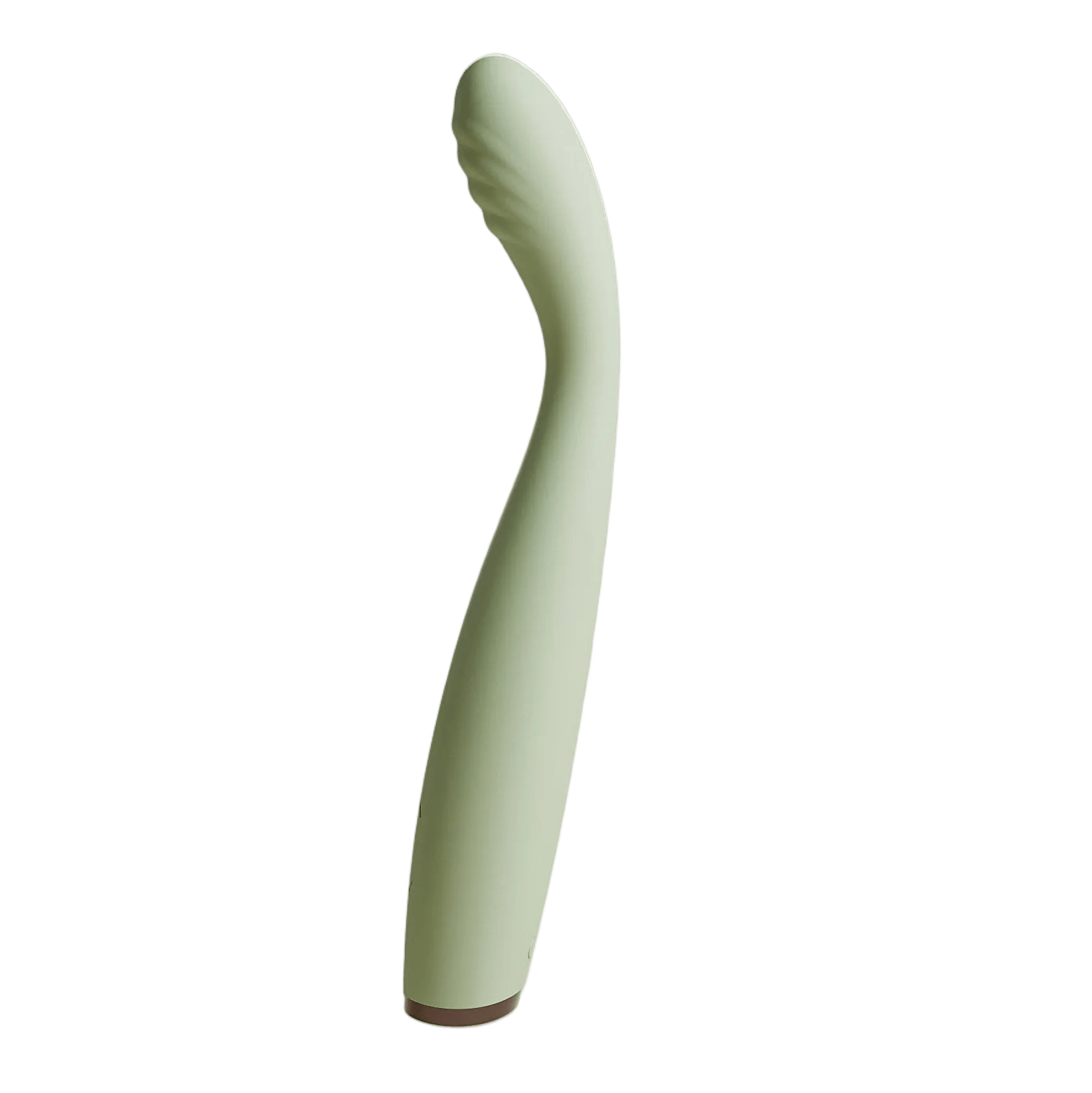 Saliegroene Odes Hush G-spot vibrator in zijaanzicht met slanke gebogen body, geribbelde top en bruine basis.
