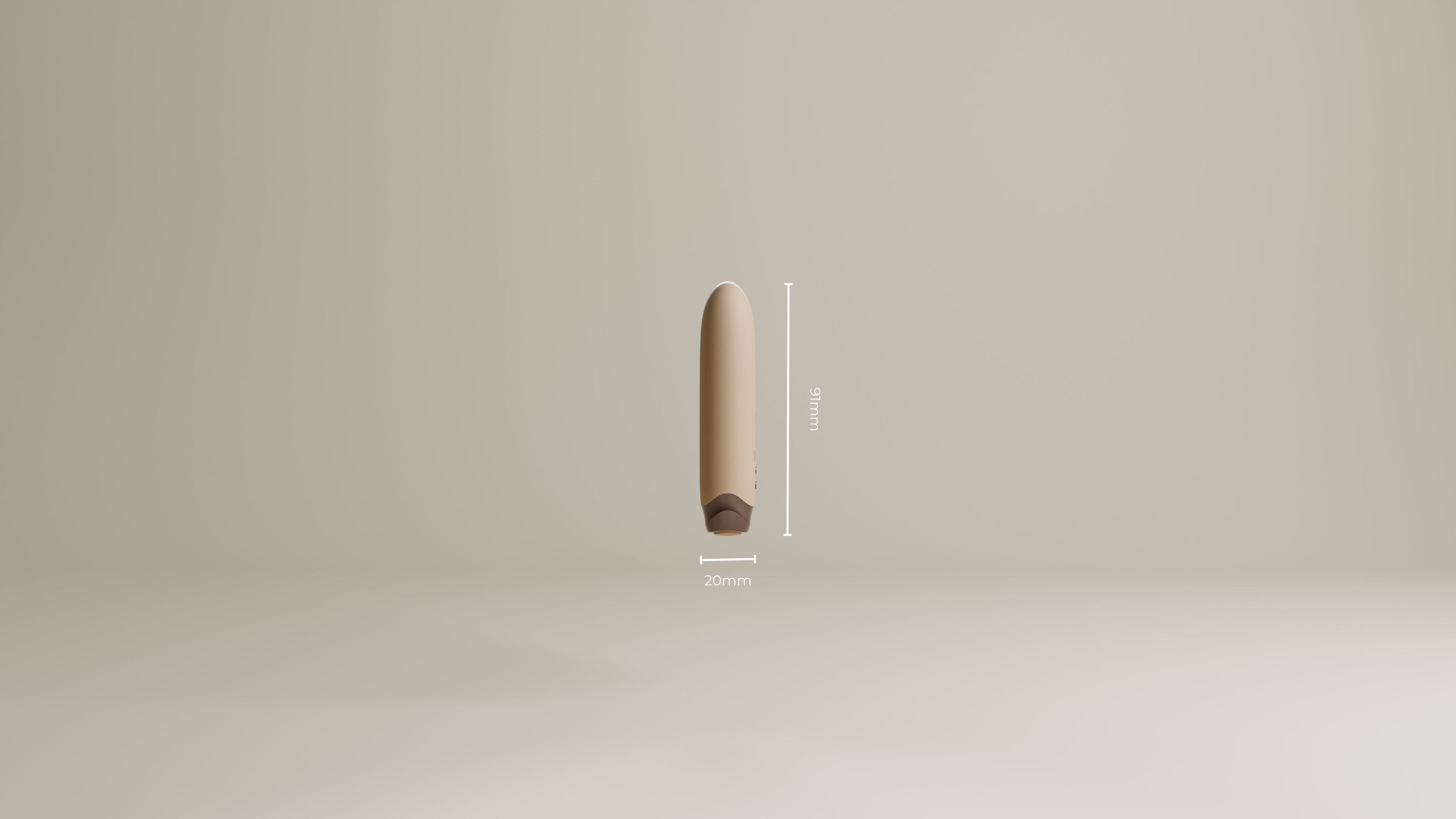 Beige mini bullet vibrator met maatlijnen, smalle ronde vorm, 51 mm lengte en 20 mm breedte zichtbaar