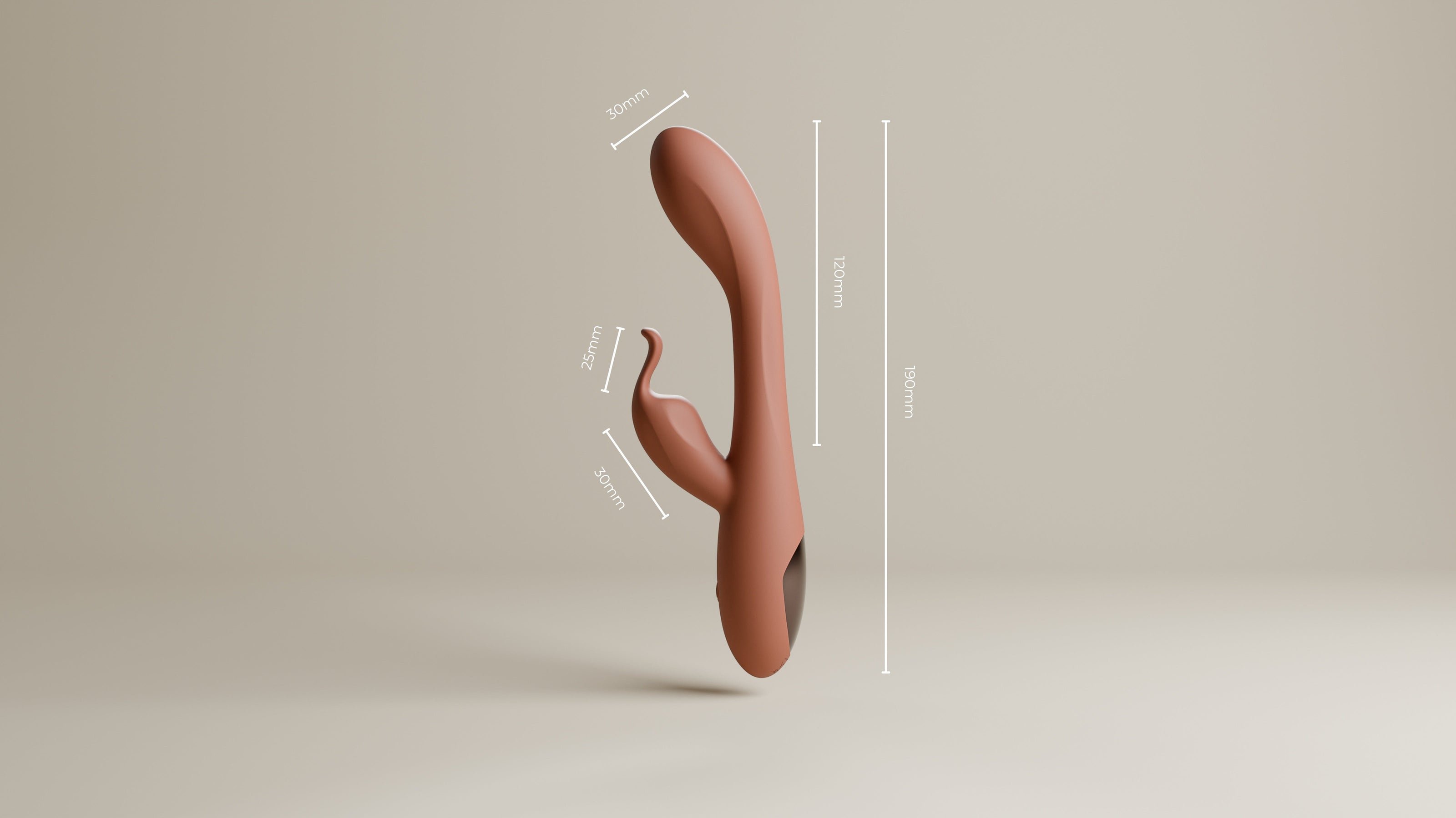 Odes Lustra Tarzan vibrator terracotta met maataanduiding, gebogen vorm en dubbele stimulatiekop
