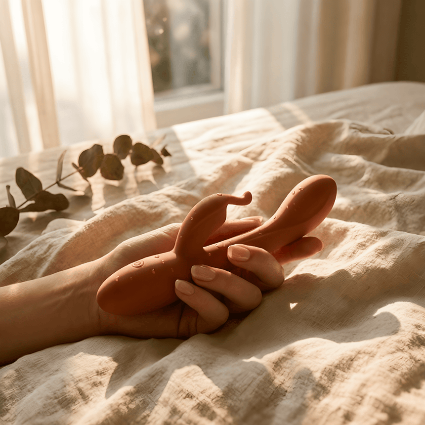 Terracotta Tarzan vibrator in de hand op een bed, met zachte ochtendzon en zichtbare druppeldetails