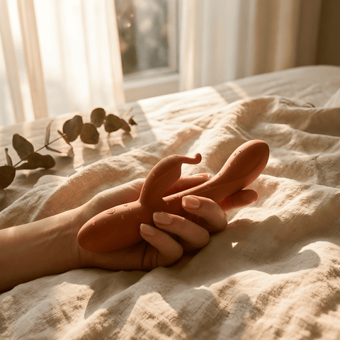 Terracotta Tarzan vibrator in de hand op een bed, met zachte ochtendzon en zichtbare druppeldetails