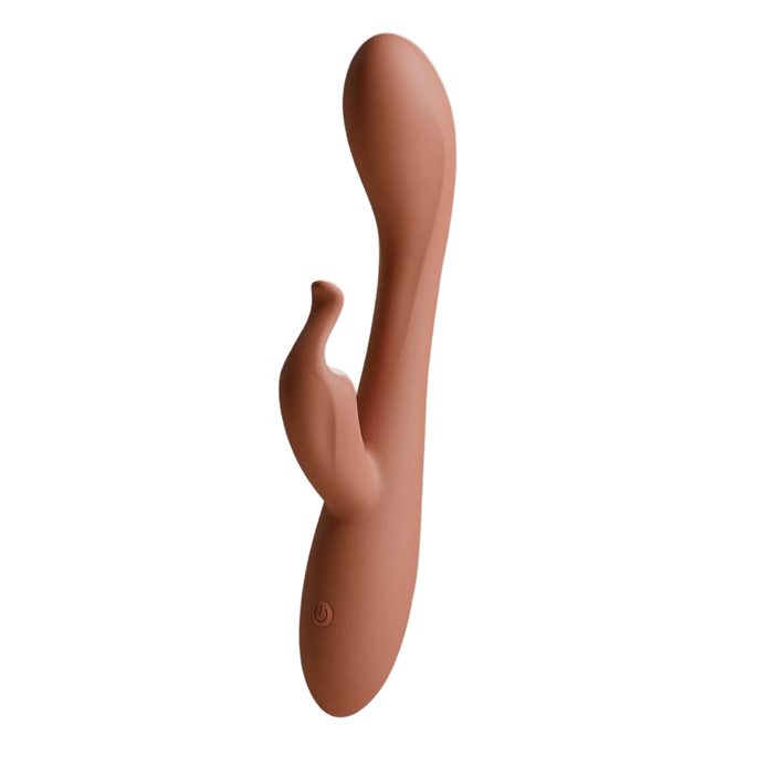 Terracotta Odes Lustra Tarzan vibrator in studio vooraanzicht met lange gebogen schacht en slanke zijarm.