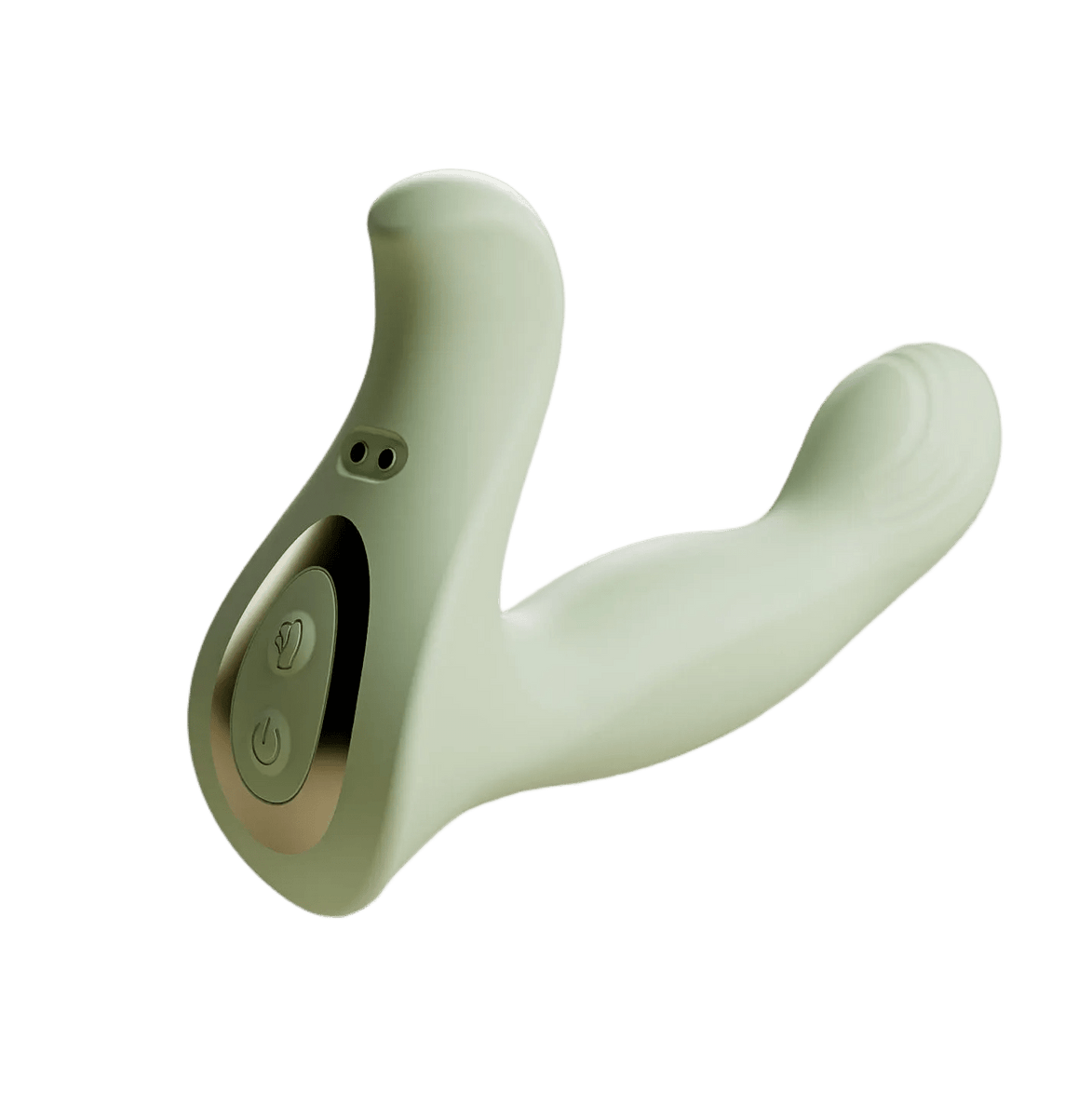 Saliegroene Odes Ombre prostaatvibrator met gebogen dubbele vorm, geribbelde top en ovaal bedieningspaneel.
