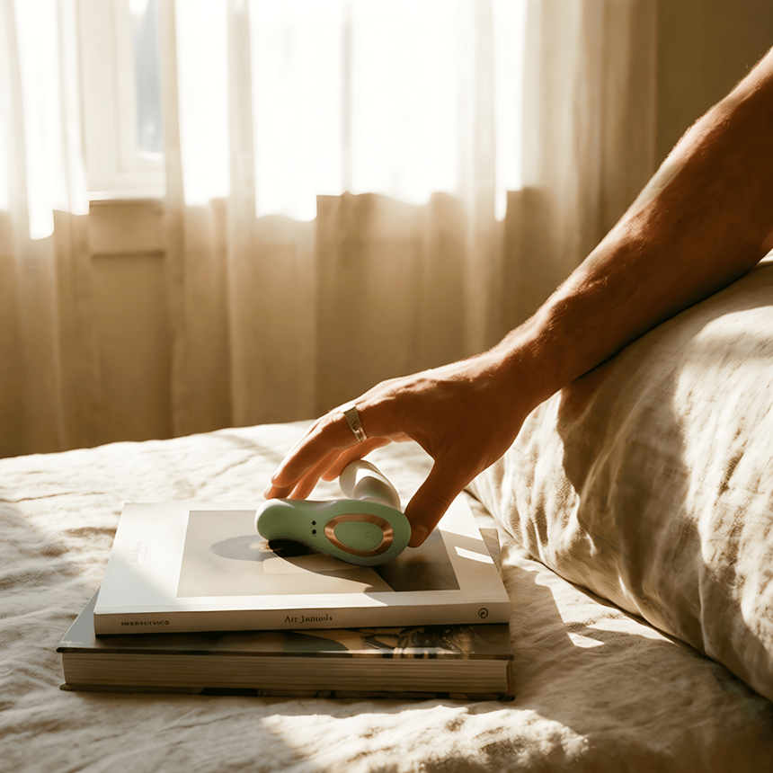 Saliegroene Odes Ombre prostaatvibrator op boeken in warm daglicht, vastgepakt door een hand op bed