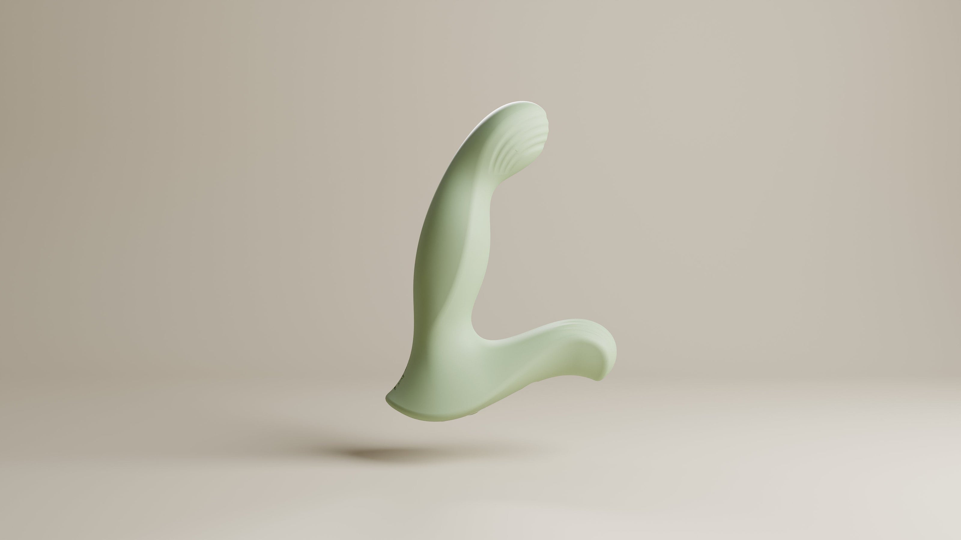 Odes Ombre prostaatvibrator in saliegroen, zwevend in zijaanzicht met gebogen vorm en geribbelde kop