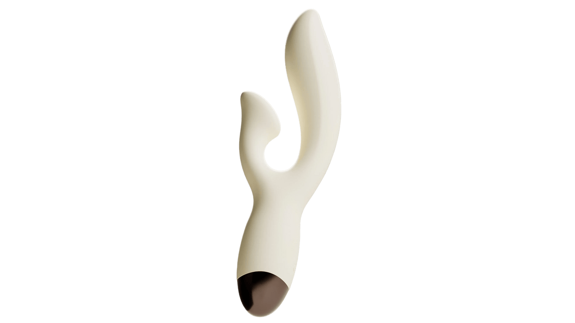 Crèmewitte Odes Seduce Tarzan vibrator in close-up met gebogen dubbele vorm en bruine onderzijde.