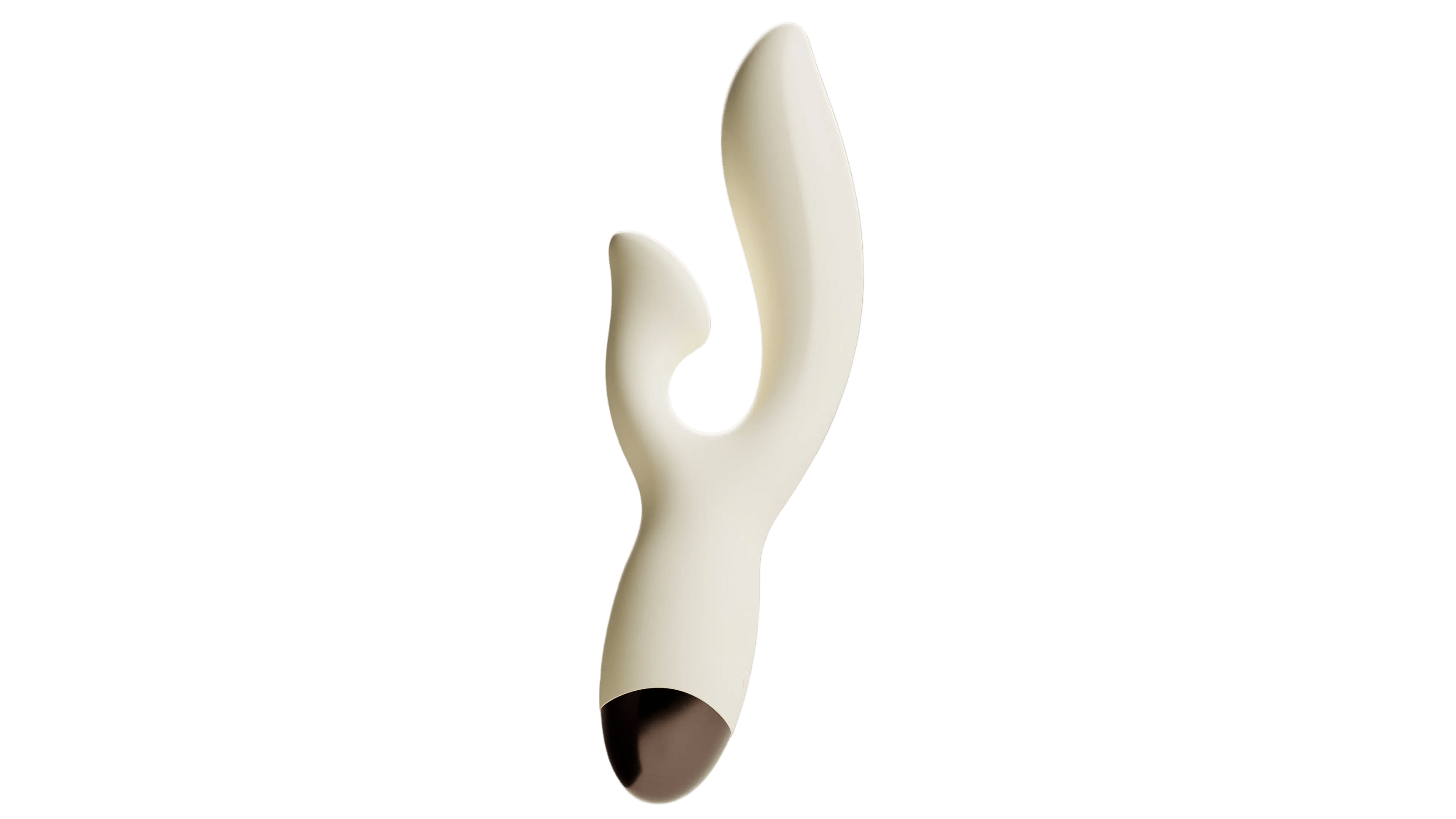 Crèmewitte Odes Seduce Tarzan vibrator in close-up met gebogen dubbele vorm en bruine onderzijde.