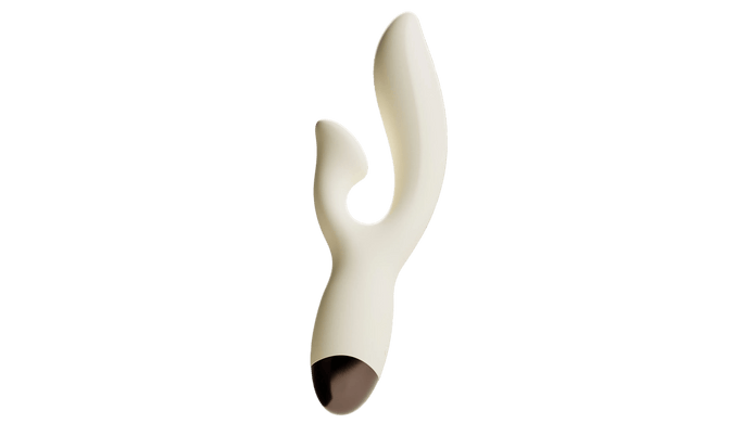 Crèmewitte Odes Seduce Tarzan vibrator in close-up met gebogen dubbele vorm en bruine onderzijde.