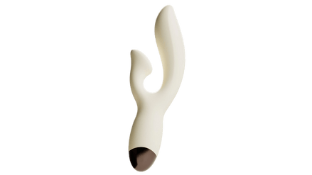 Crèmewitte Odes Seduce Tarzan vibrator in close-up met gebogen dubbele vorm en bruine onderzijde.