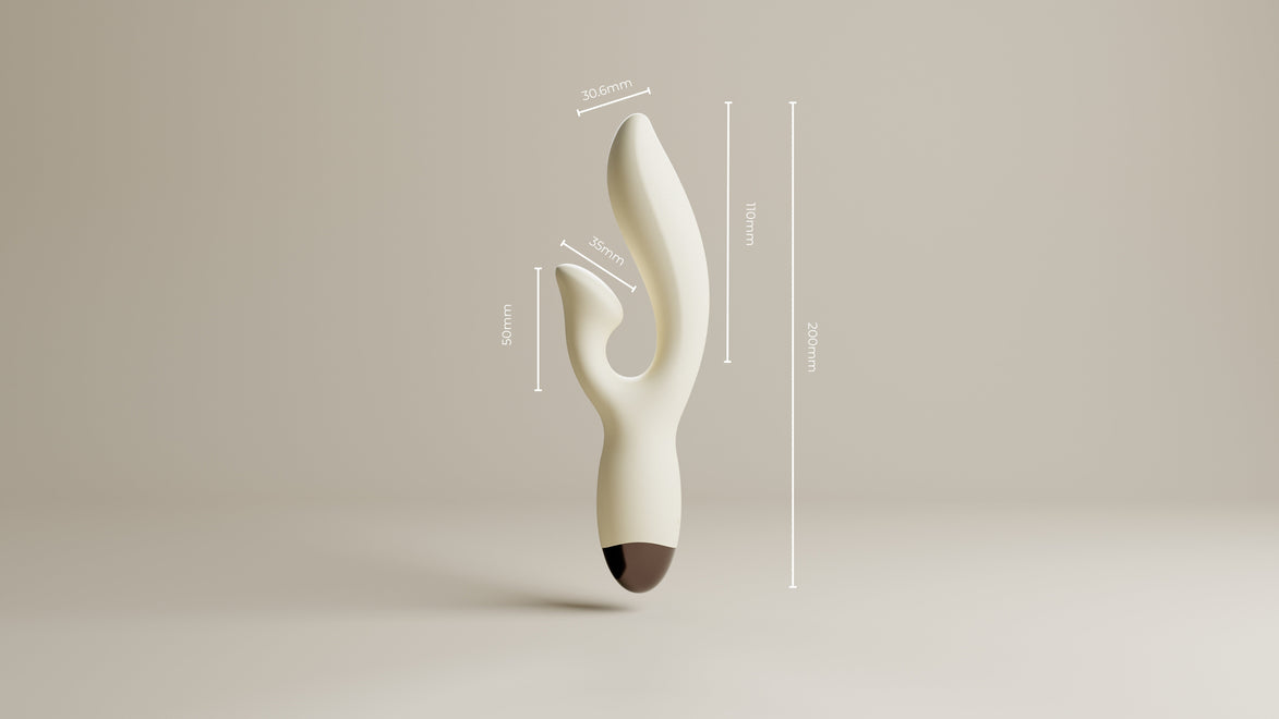 Witte Odes Seduce Tarzan vibrator met zichtbare maatlijnen, gebogen vorm en compact donker uiteinde