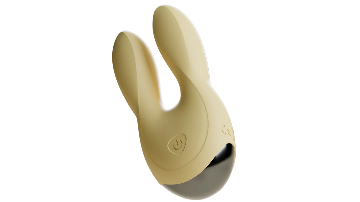 Beige Odes Sense wand vibrator in close-up met dubbele afgeronde kop, powerknop en donkere basis.