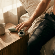 Grijze Odes Swell anale vibrator op een houten nachtkastje, in warme slaapkamer met hand in beeld