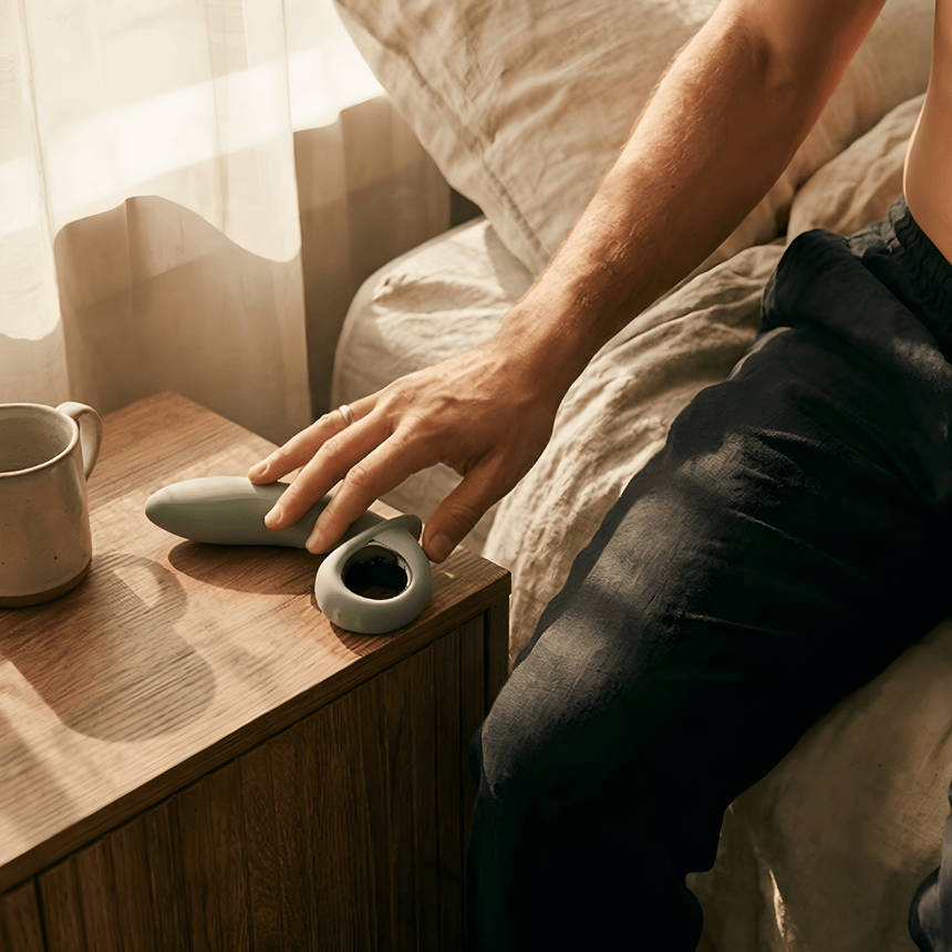 Grijze Odes Swell anale vibrator op een houten nachtkastje, in warme slaapkamer met hand in beeld