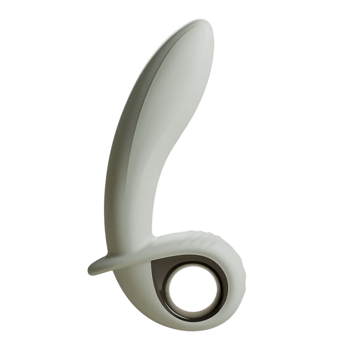 Lichtgrijze Odes Swell anale vibrator in zijaanzicht met gebogen schacht, brede stoprand en ronde ringbasis.