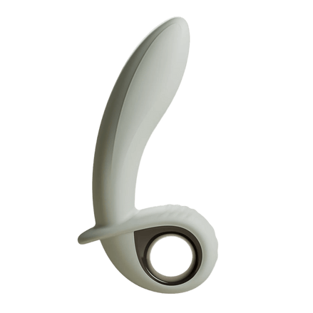Lichtgrijze Odes Swell anale vibrator in zijaanzicht met gebogen schacht, brede stoprand en ronde ringbasis.
